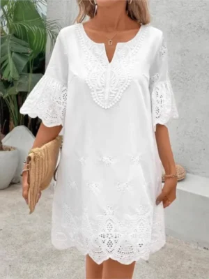 Summer Fashion Elegant Lace Dress V-neck Mid Sleeve Hollow Out Casual White Mini Dresses Womens Holiday Party Dresses Robe Femme