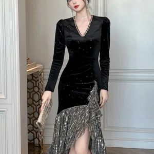 Elegant Party Dress Women Luxury Bright Slik Glitter Sequins Ruffles Fishtail Robe Gown Formal Evening Prom Vestidos Fiesta