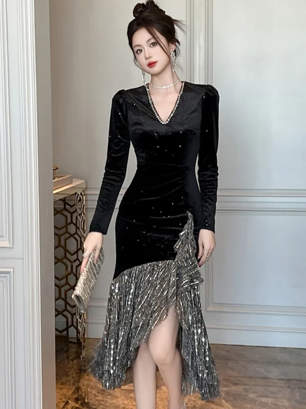 Elegant Party Dress Women Luxury Bright Slik Glitter Sequins Ruffles Fishtail Robe Gown Formal Evening Prom Vestidos Fiesta
